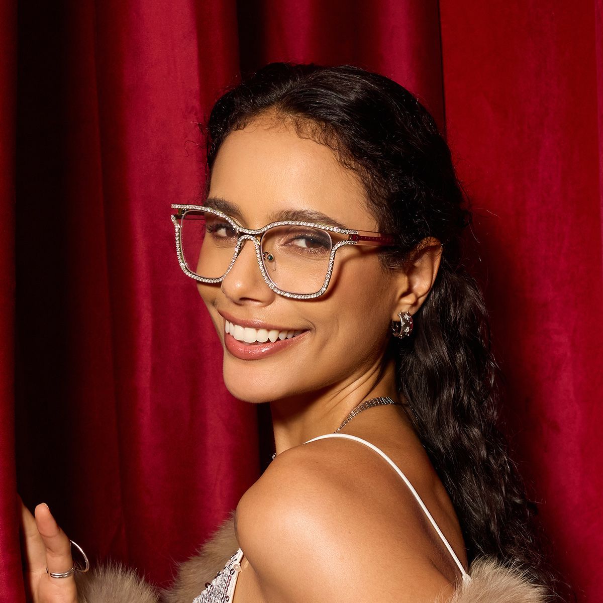 Half Rim Square Glasses With Decorated Shiny Diamonds1