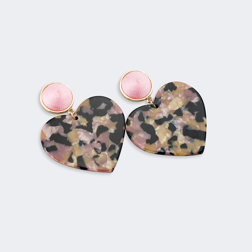 Vintage Heart Shape Black-Pink Floral Earrings